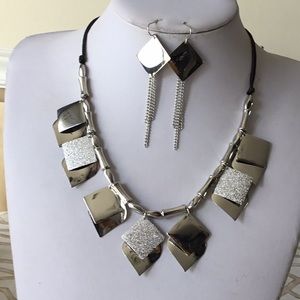 Silver tone square drops necklace earring set